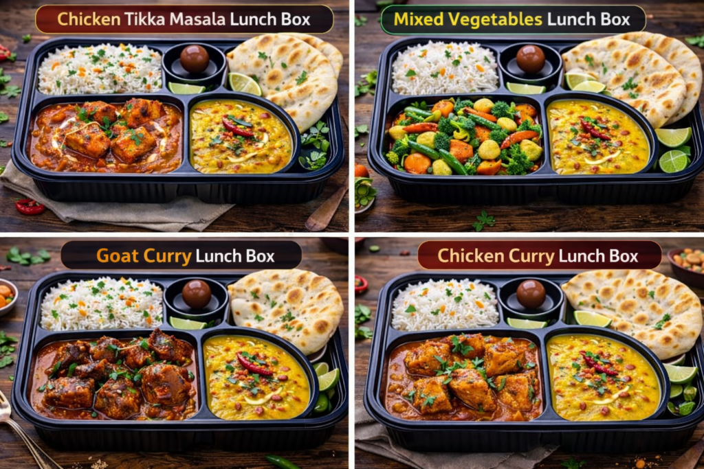 Affordable lunch combo boxes in Las Vegas with chicken tikka masala Lunch Combo, goat curry Lunch Combo, mixed vegetables Lunch Combos with Yellow Dal Tadka , rice, naan, and gulab jamun