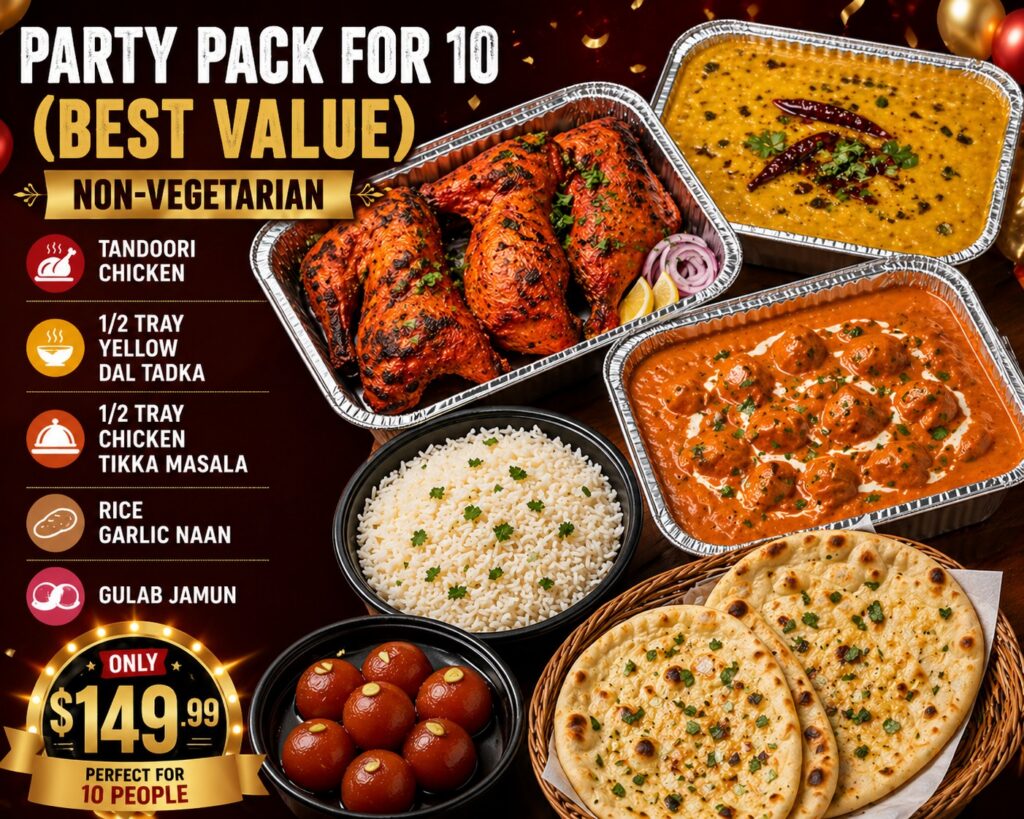 Indian party pack combo meal for 10 people with curry, naan and rice from Delhi Indian Cuisine Las Vegas