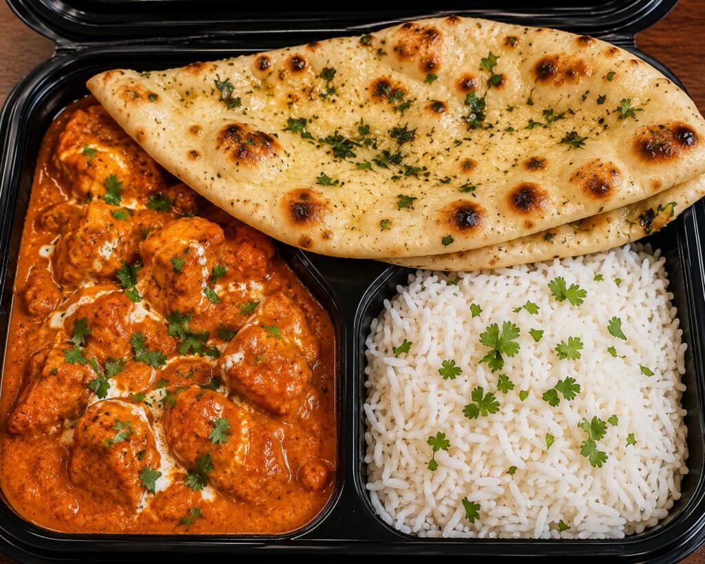 Chicken tikka masala lunch box with naan and basmati rice from Delhi Indian Cuisine Las Vegas