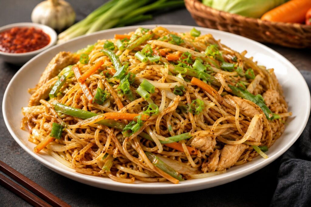 Nepali chowmein noodles with chicken and vegetables in Las Vegas at Delhi Indian Cuisine near the Strip